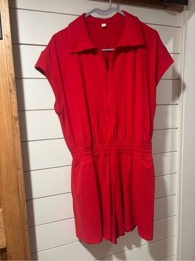 Red Zip-Front Casual Romper